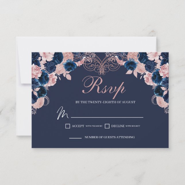 Carte de boîtier RSVP couleur bleu marine et rose  (Devant)