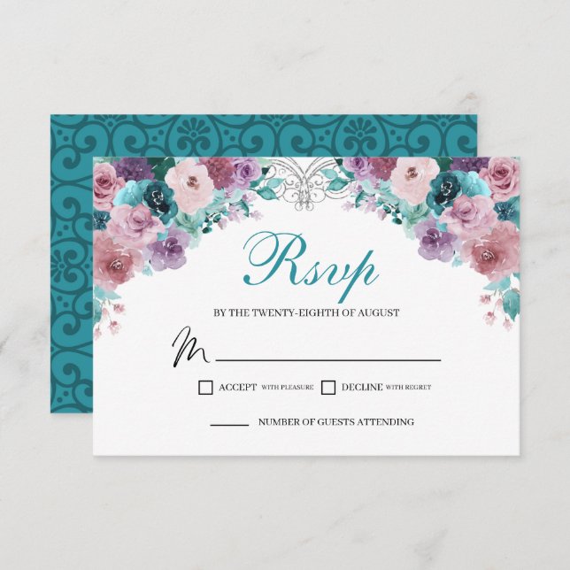 Carte de boîtier RSVP Floral turquoise & Mauve (Devant / Derrière)