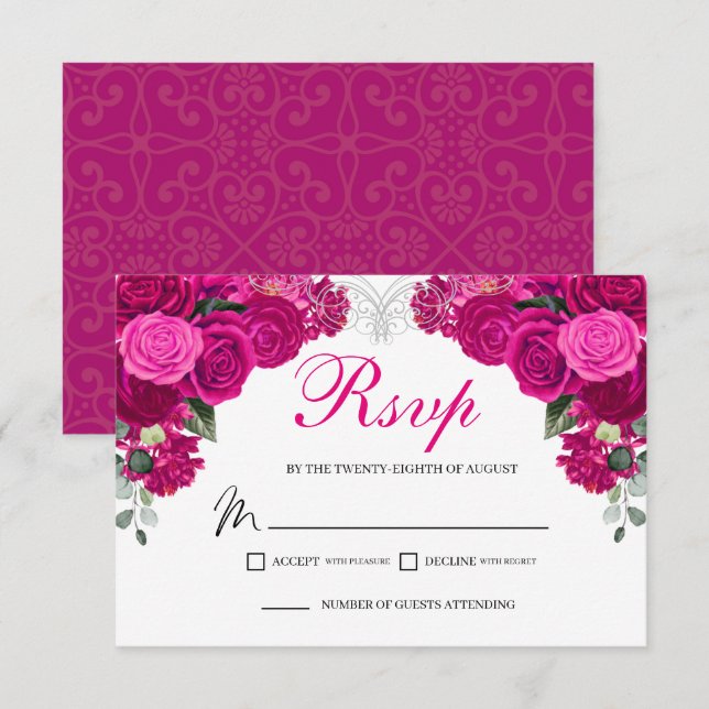 Carte de boîtier RSVP Fuchsia Silver Floral Elégan (Devant / Derrière)