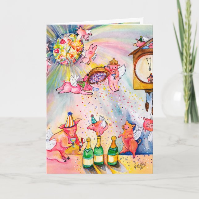 Carte de Bonne Année Cochon Volant (Devant)