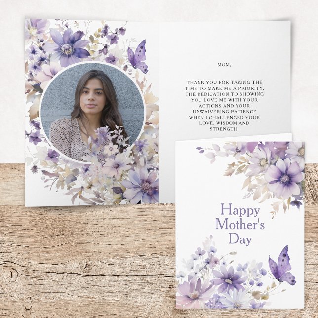 Carte de Bonne Fête des Mères avec photo florale v (Elegant Modern Floral Watercolor Happy Mother's Day Card with Photo and Personalized Message)