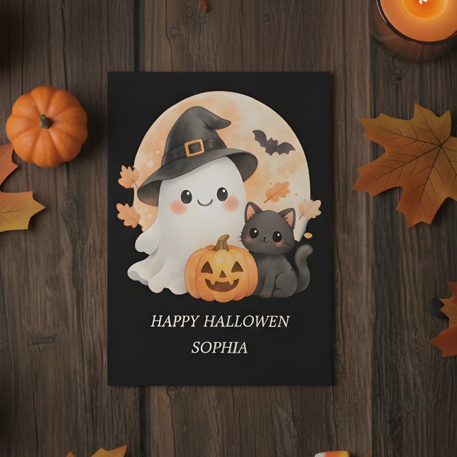 Carte de Bonne Halloween avec Fantôme Mignon et Ch (Créateur téléchargé)