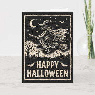 Carte de Bonne Halloween Sorcière Volante Vintage