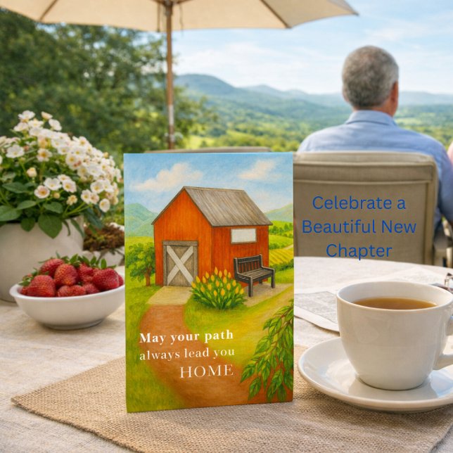 Carte de Bonne Retraite Scène Tranquille de Campag (Peaceful countryside retirement card with tea view lifestyle scene, meaningful gift for new chapter)