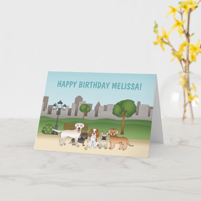 Carte De Bons Chiens En Dessin Dans Un Parc Joyeux Anniv (Fleur jaune)