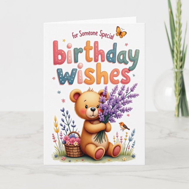 Carte de bouquet d'anniversaire avec ours en peluc (Devant)