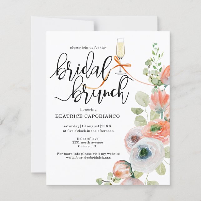 Carte de Brunch de Mariage Florale Corail Romantiq (Devant)