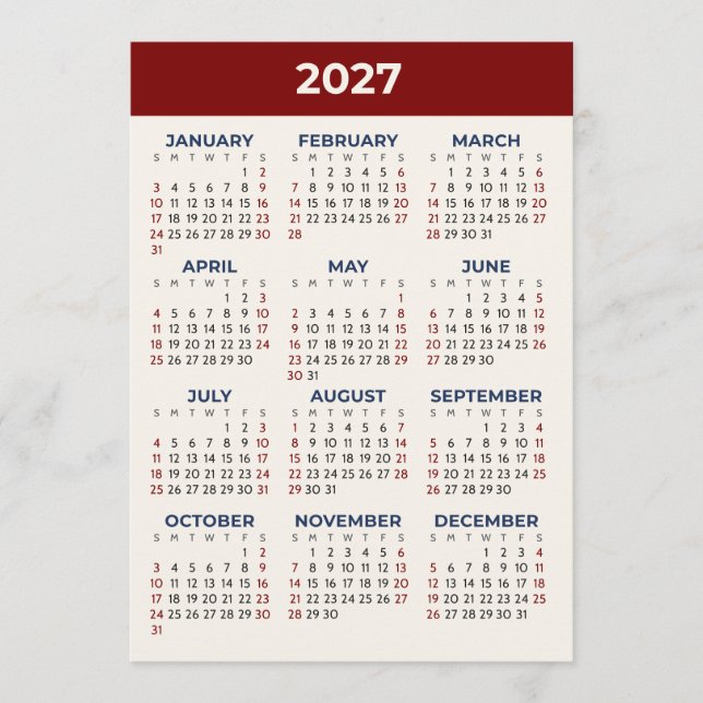 Carte de calendrier 2027 à vue annuelle Couleurs p (Devant)