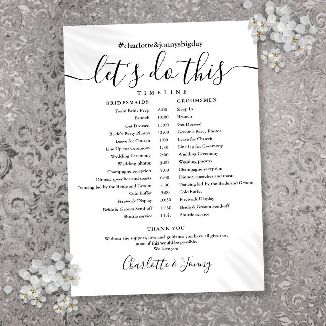 Carte de calendrier de mariage noir et blanc (Black And White Wedding Schedule Timeline Card)