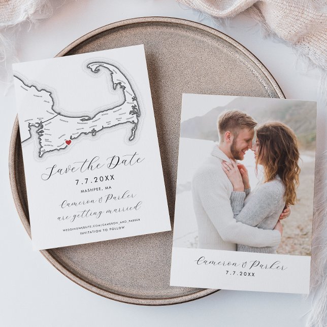 Carte de Cape Cod à Mashpee MA Mariage Noir et Bla (Mashpee MA Cape Cod Map Save the Date in Modern Black and White with Photo Back Coastal Map Designs)