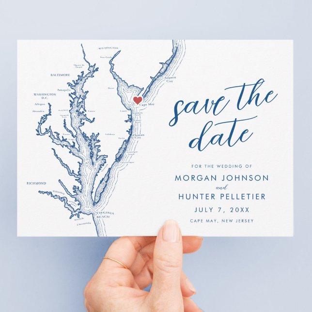 Carte de Cape May New Jersey Mariage Moderne (Cape May New Jersey Wedding Save the Date with Navy blue Chesapeake Bay map and modern typography )