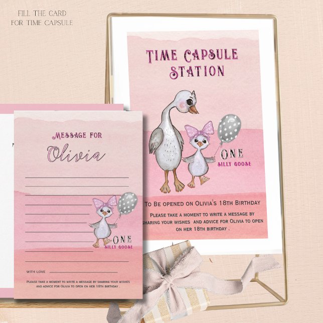 Carte de capsule temporelle rose pour le 1er anniv (Silly Goose 1st Birthday Pink Time Capsule Card)