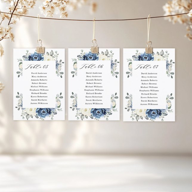 Carte de carte de carte de carte de classement en  (Dusty Blue Navy Champagne Ivory Seating Chart card)
