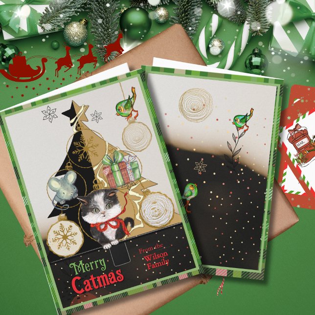 Carte de Catmas à l'arbre divisé à carreaux verts  (Green Plaid Split-Tree Catmas Card  Cute Kitten )