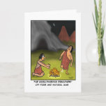 Carte de caveman<br><div class="desc">This funny caveman greeting card shows mans simultaneous discovery of fire and natural gas.</div>