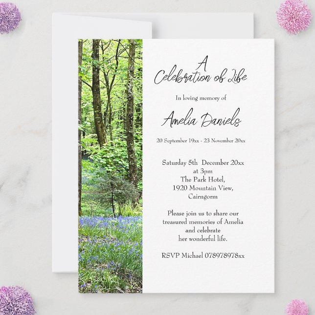 Carte de célébration de la vie de Bluebell Wood (Woodland burial Celebration of Life Cards)