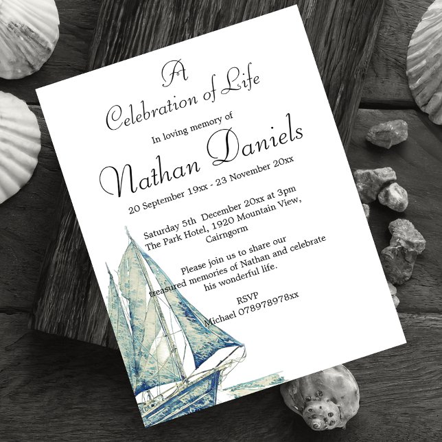 Carte de célébration de vie de yacht bleu (Nautical themed celebration of life cards.)