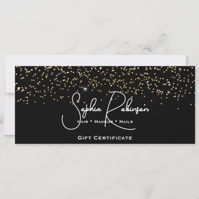 Carte de certificat cadeau à paillettes noir et or (Devant)