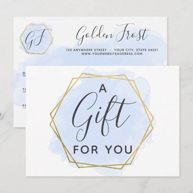 Carte de certificat-cadeau aquarelle bleu clair et (Devant / Derrière)