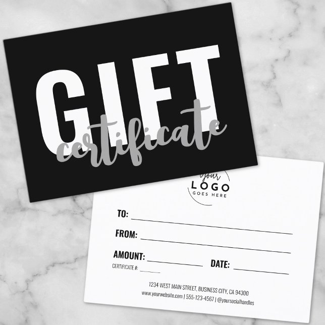 Carte de certificat cadeau d'entreprise noir écrit (Logo Modern Script Business Gift Certificate Card)