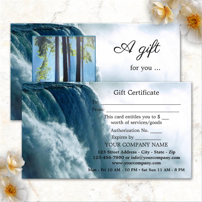 Carte de certificat cadeau photo Spa de la cascade (Gift certificate business card featuring your photo framed by a waterfall - spa - massage therapist)