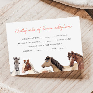 Carte de certificat d'adoption de cheval