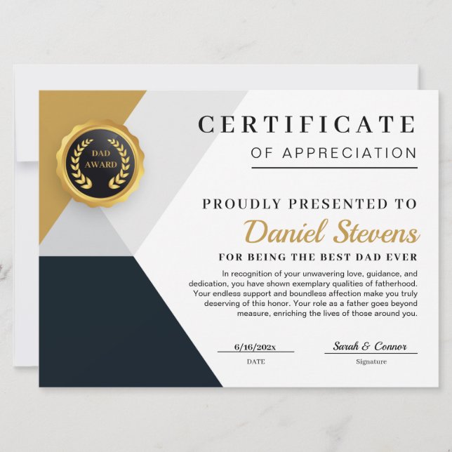 Carte de certificat de Fête des pères élégante (Devant)