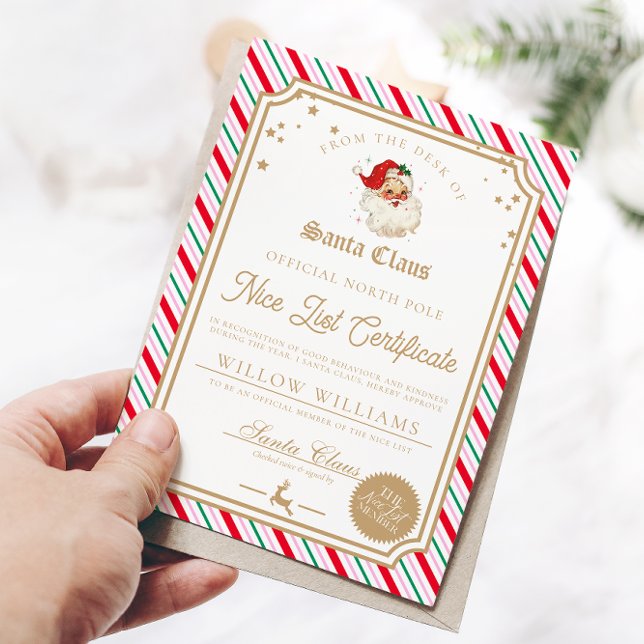 Carte de certificat de liste Nice rayure festive (Christmas Nice List Certificate )