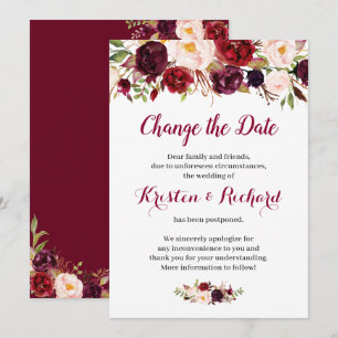 Carte de changement de date florale rouge Bourgogn