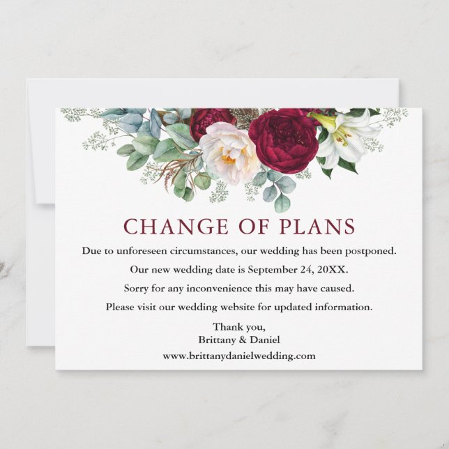 Carte de changement de plans de mariage floral bur (Devant)