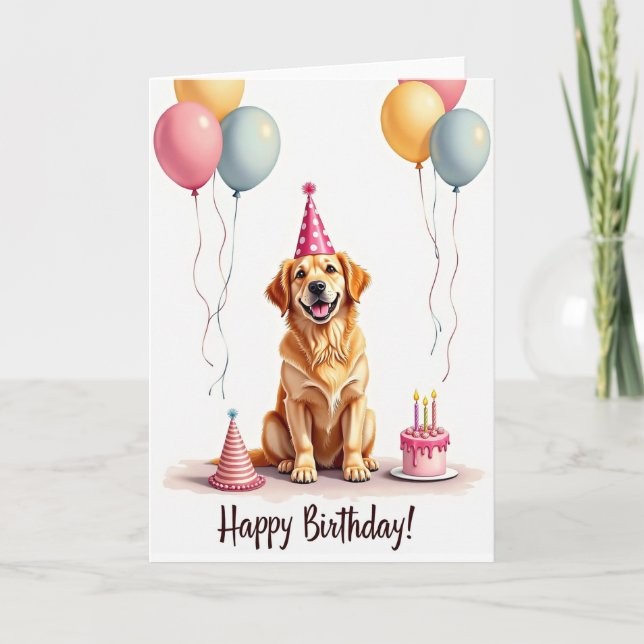 Carte de Chapeau d'Anniversaire de Chien Doré (Devant)