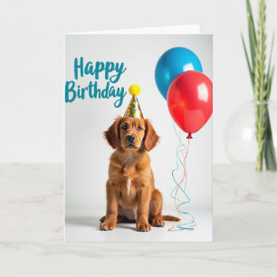 Carte de chapeau d'anniversaire de chiot mignon