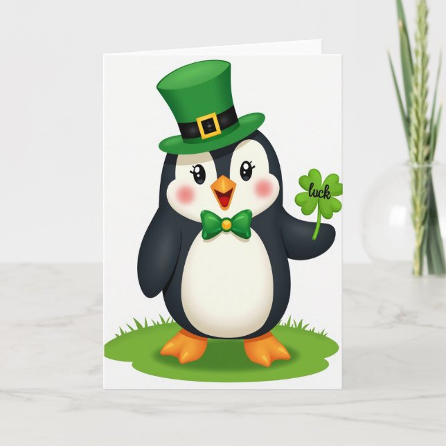 Carte de chapeau haut de pingouin vert Lucky (Devant)