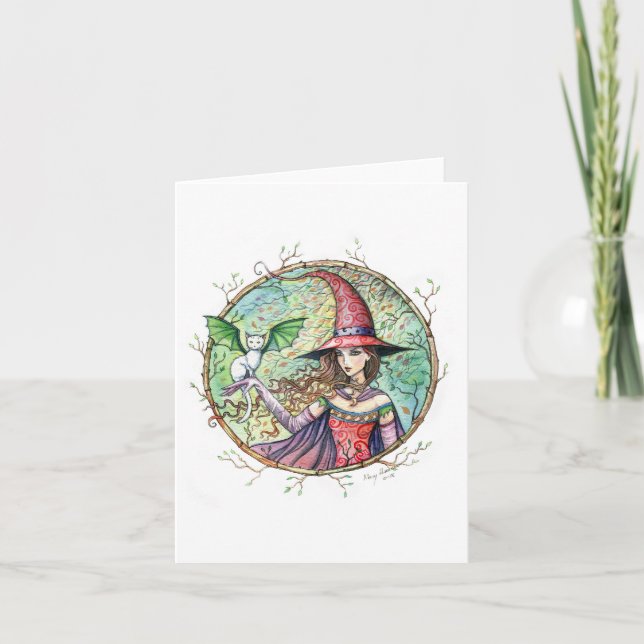 Carte de chat de sorcière d'Halloween en bois myst (Devant)