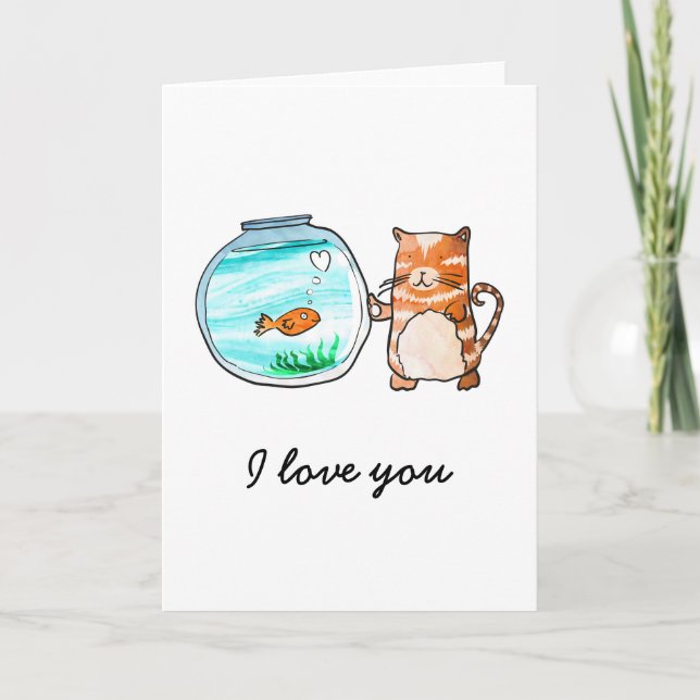 Carte de chat et poisson rouge amoureux (Devant)
