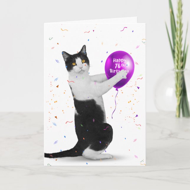Carte de chat Tuxedo avec ballon pour 76e annivers (Devant)
