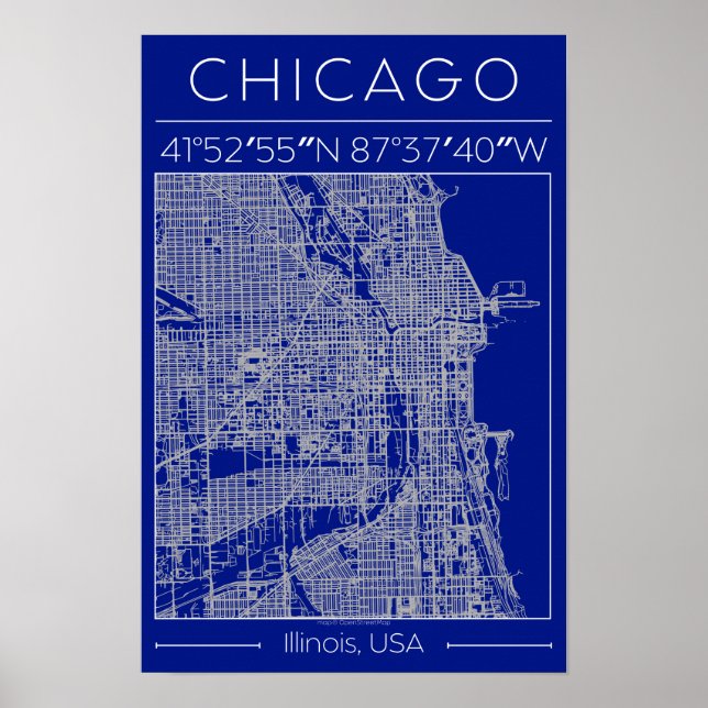 Carte de Chicago Blueprint Affiche Bleue Minimalis (Devant)