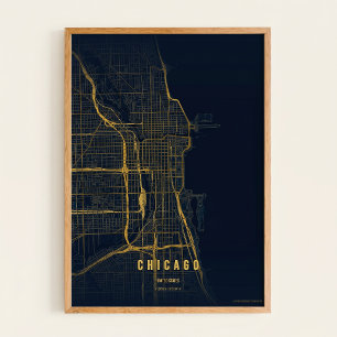 Carte de Chicago dorée impression sur toile affich