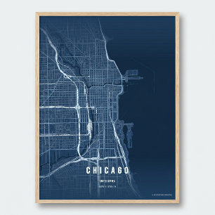 Carte de Chicago impression bleue affiche décorati
