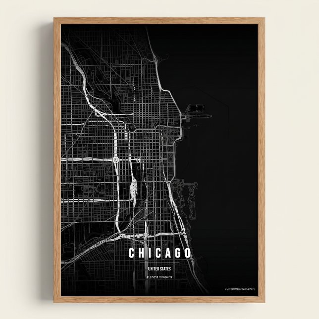 Carte de Chicago Noir Impression d'art mural Affic (Créateur téléchargé)