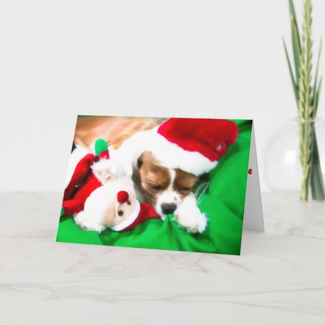 Carte de chien jouet de Noël avec un chiot endormi (Devant)