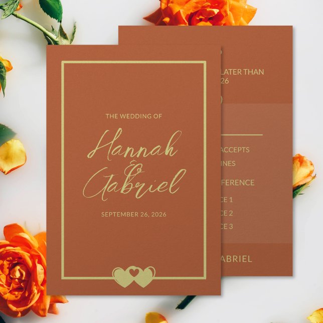 Carte de choix de repas mariage Terracotta Gold RS (The front and back of the Terracotta Gold Wedding RSVP Meal Choice card)