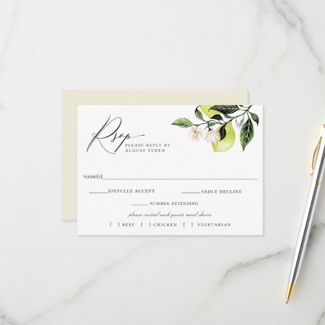 Carte de choix de repas RSVP pour mariage aux citr (Devant/Arrière en situation)