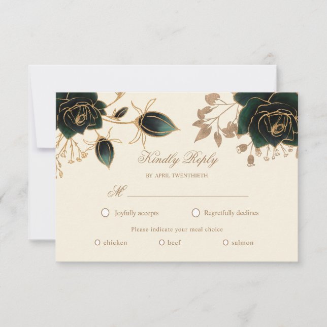 Carte de choix de repas RSVP Roses Aquarelle Or (Devant)