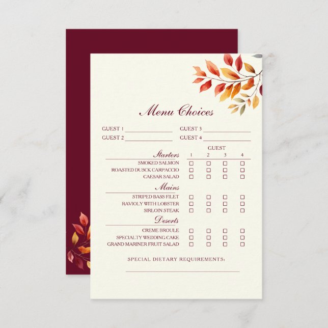 Carte de choix du menu Mariage de automne de Bourg (Devant / Derrière)