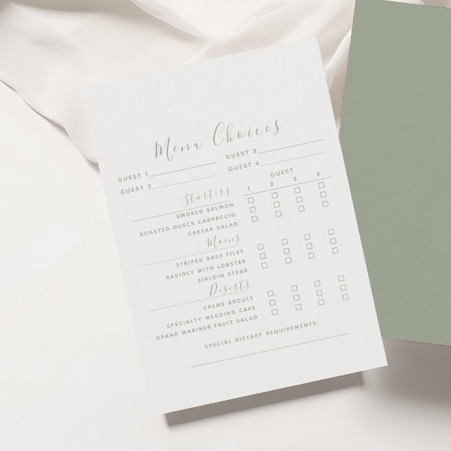 Carte de choix du menu Mariage vert Sage (Créateur téléchargé)