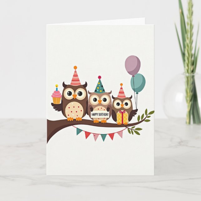 Carte de chouettes pour célébration d'anniversaire (Devant)