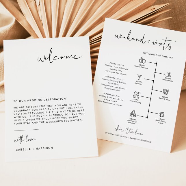 Carte de chronologie de lettre de bienvenue minima (Modern minimalist wedding welcome letter with schedule and icon timeline backside.)