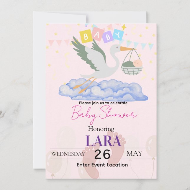 Carte de cigogne pour Baby Shower (Devant)