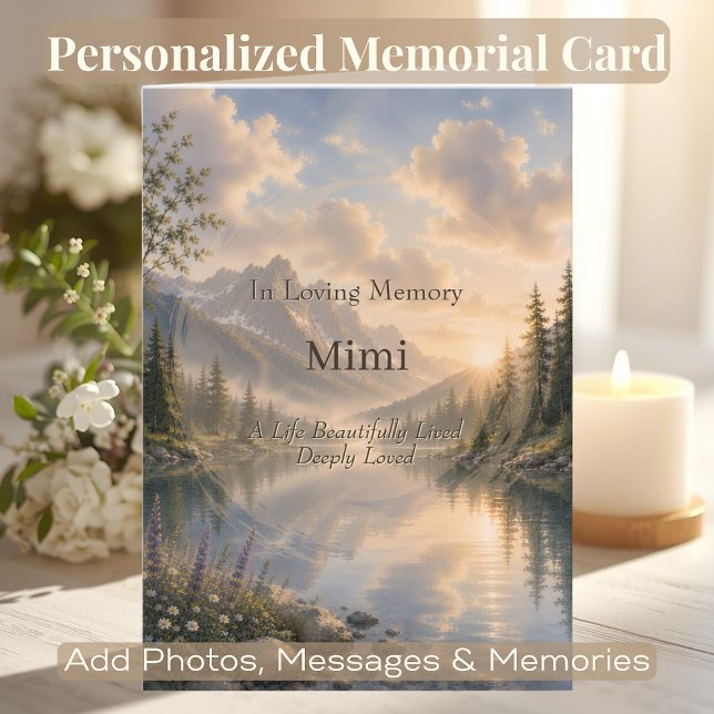 Carte de code QR de mémorial personnalisée | Eaux  (Elegant memorial card with custom QR code linking to cherished memories, music, videos, or tribute.)